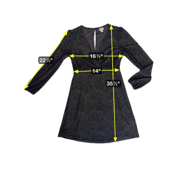 Fit & Flare Black Dress Small Faux Wrap Long Sleeves Burnout Velvet Polka Dot - Picture 4 of 15